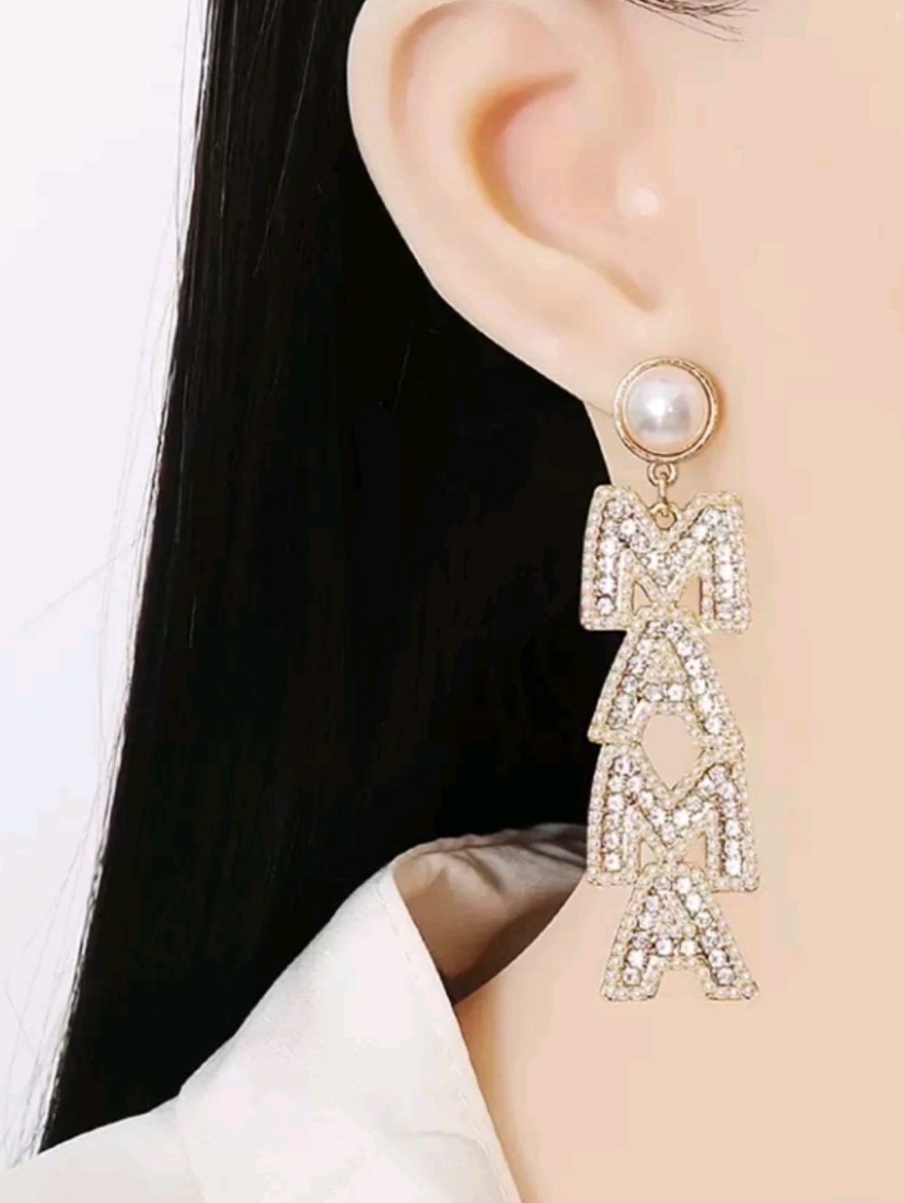 Gold Faux Pearl Mama Letter Crystal Drop Dangle Earrings Classy Mom Gift